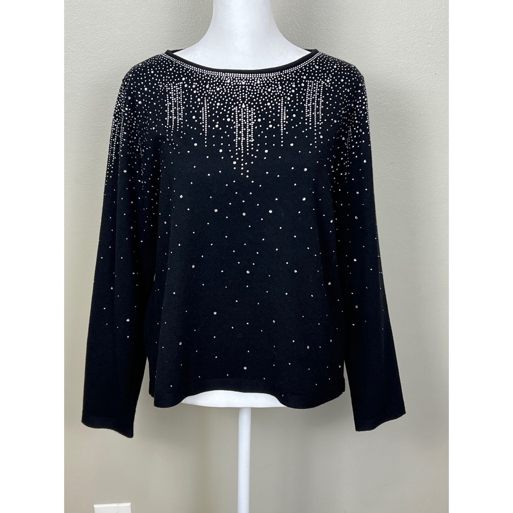 LIV Milano Womens Black Rhinestone Embellished Knit Sweater Size L Long Sleeve